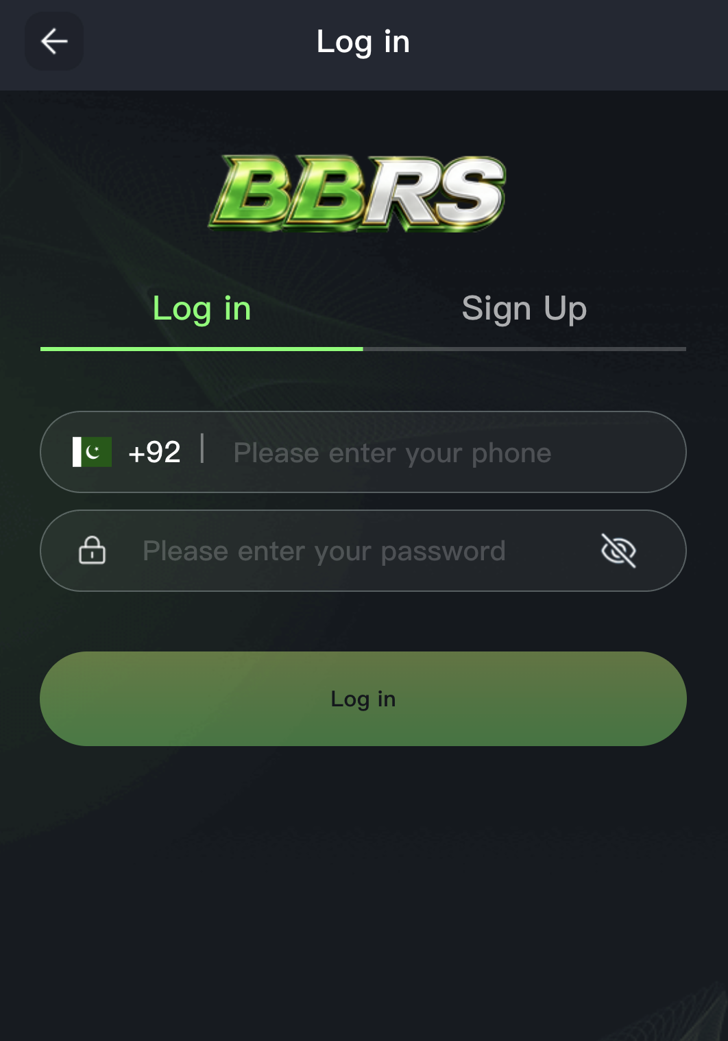 BBRS login screen screenshot with +92 phone number field, password field and sign up tab