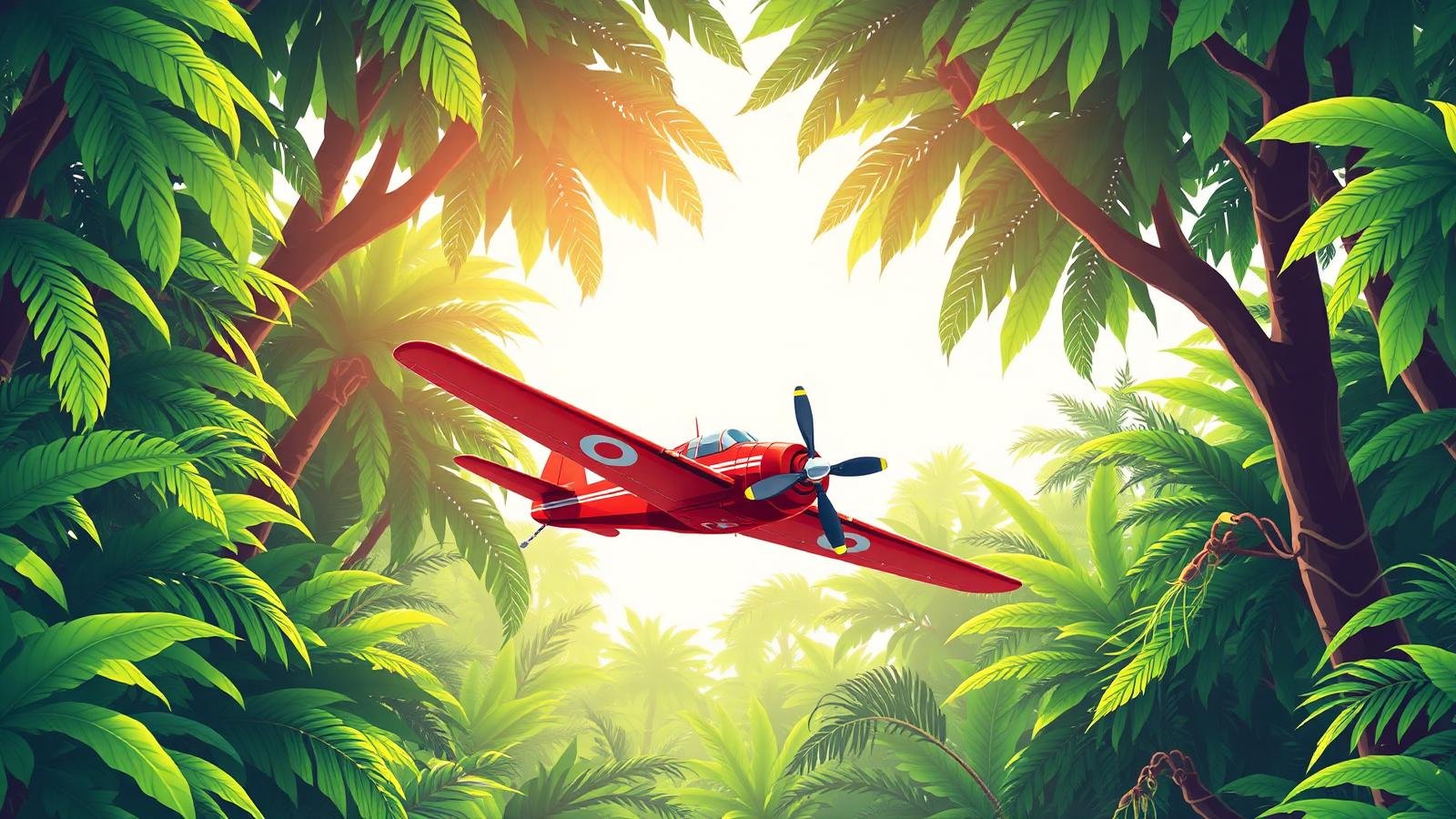 Red propeller plane flying over a bright green jungle, the BBRS game theme